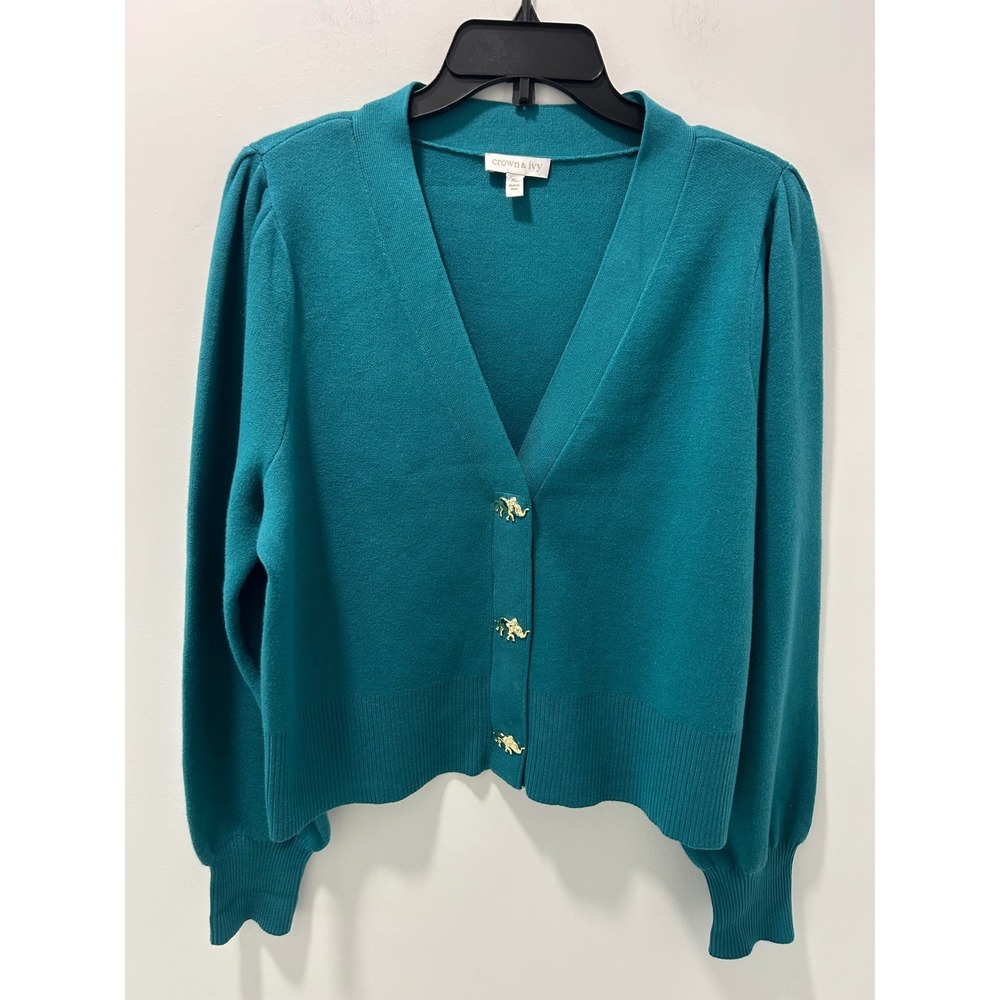 Crown & Ivy Teal Blue Elephant Button Cardigan Sweater XL Puff Sleeve V-Neck